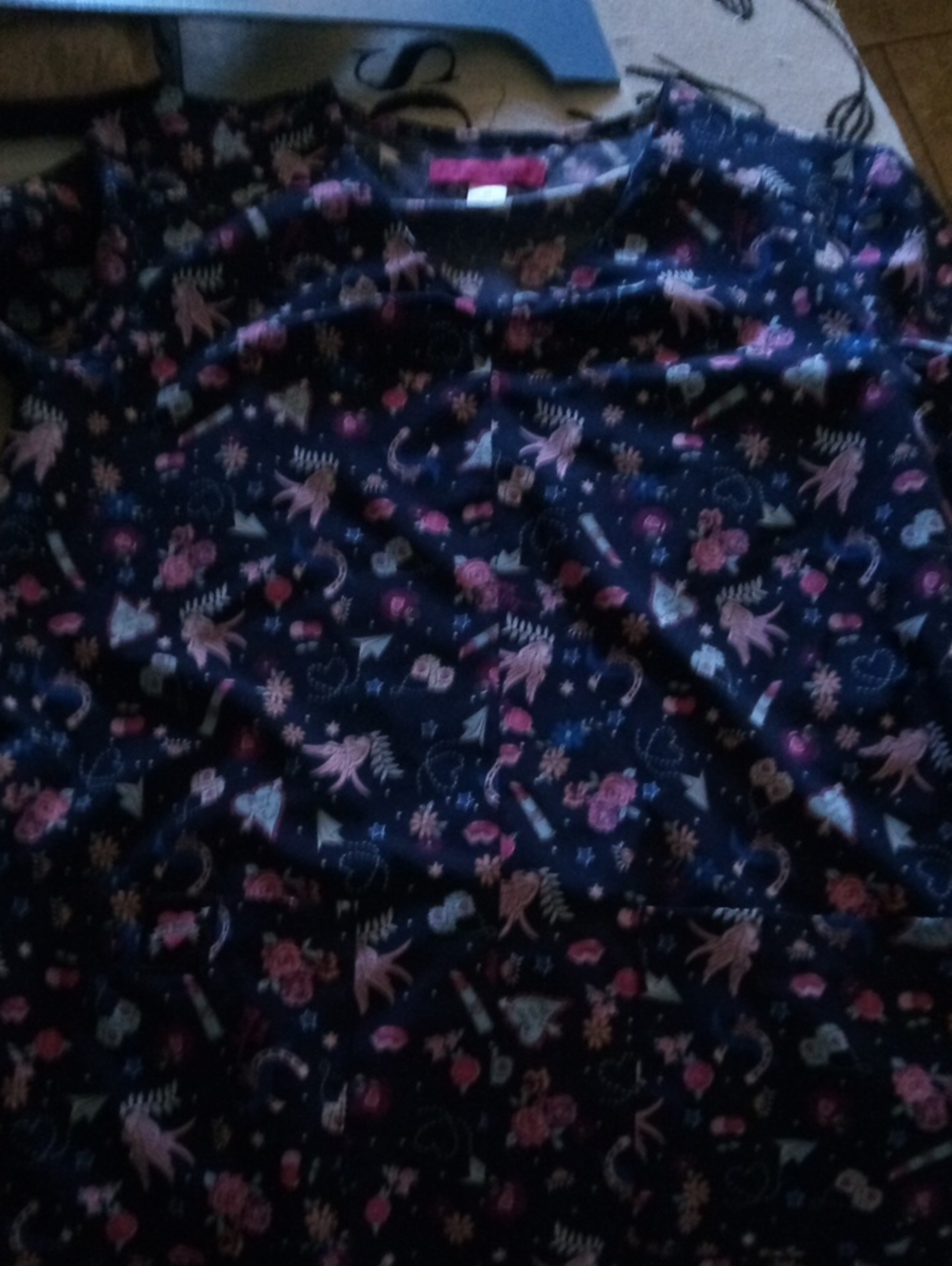 Betsey Johnson Scrub  Top with Pink Floral & Fairy Motif Size Medium